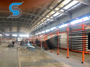 Horizontal powder spraying line