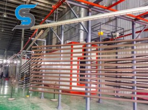 Horizontal powder spraying line